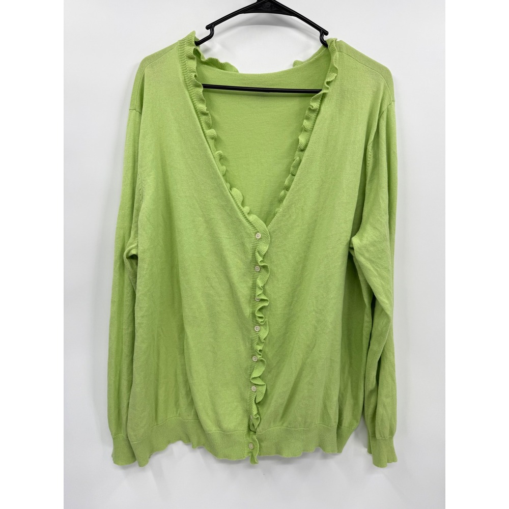 Lauren Ralph Lauren 3X Cardigan Womens Lime Green Ruffle Trim Cotton Knit V-Neck